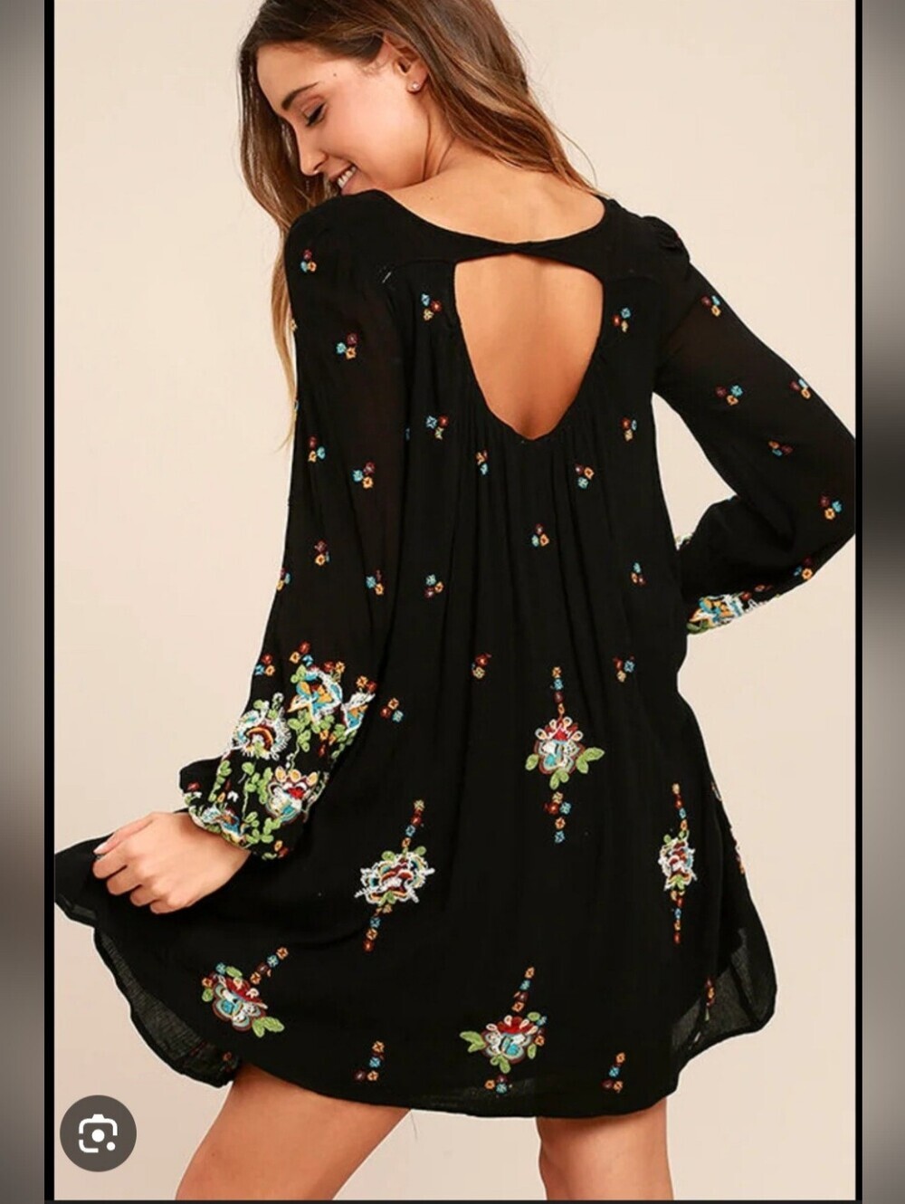 Free People Black Long-Sleeve Embroidered Mini Oxford Dress.